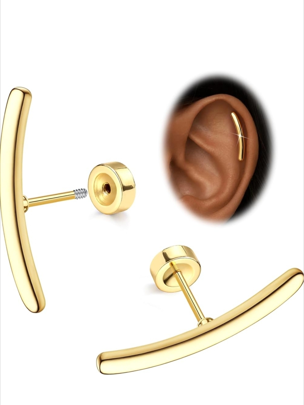 Gold Curved Bar Stud Earrings - Women Jewelry